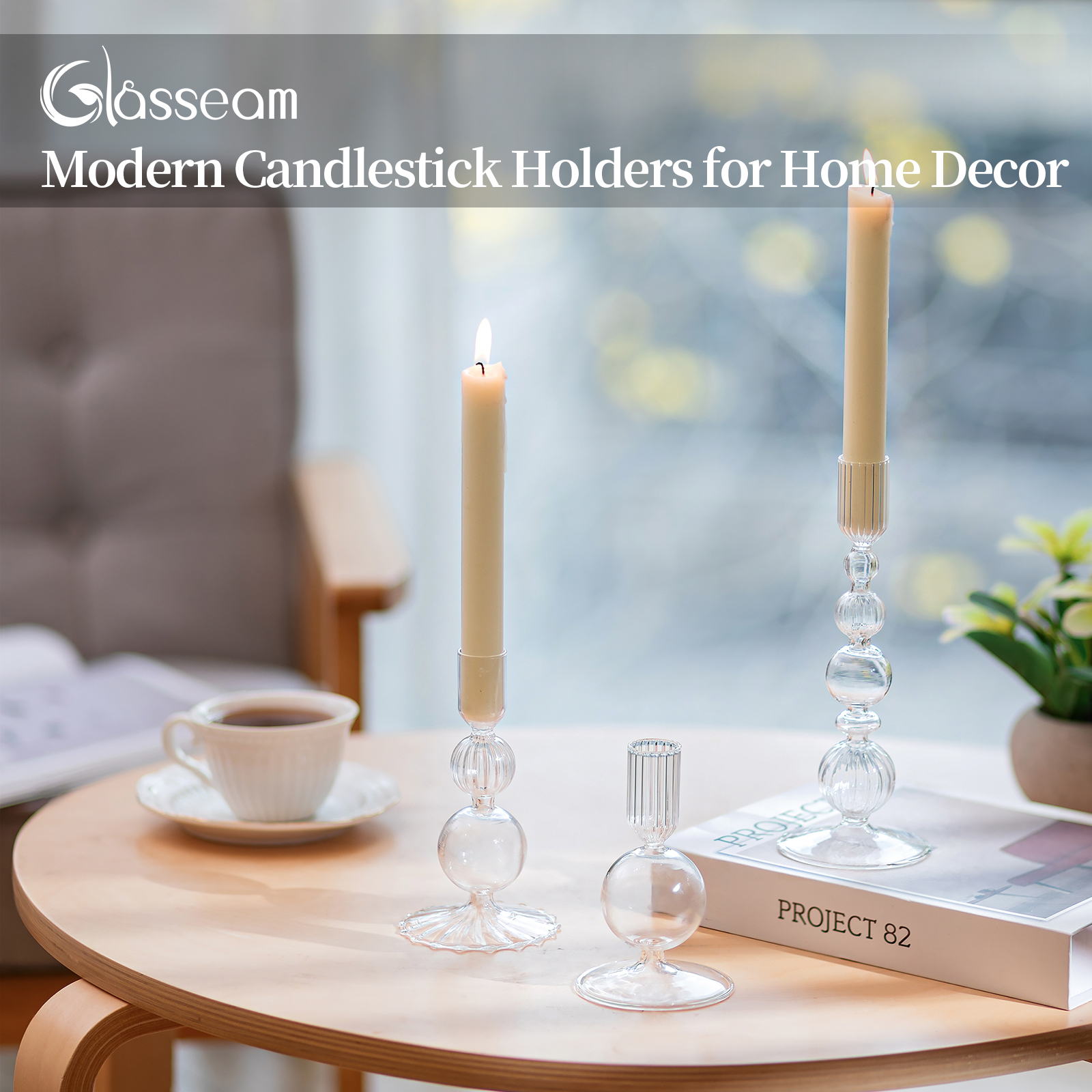 Glasseam Set of 3 Clear Glass Taper Candle Holders: Modern Christmas Wedding Table Centerpiece Decorations Ideal Gift Idea