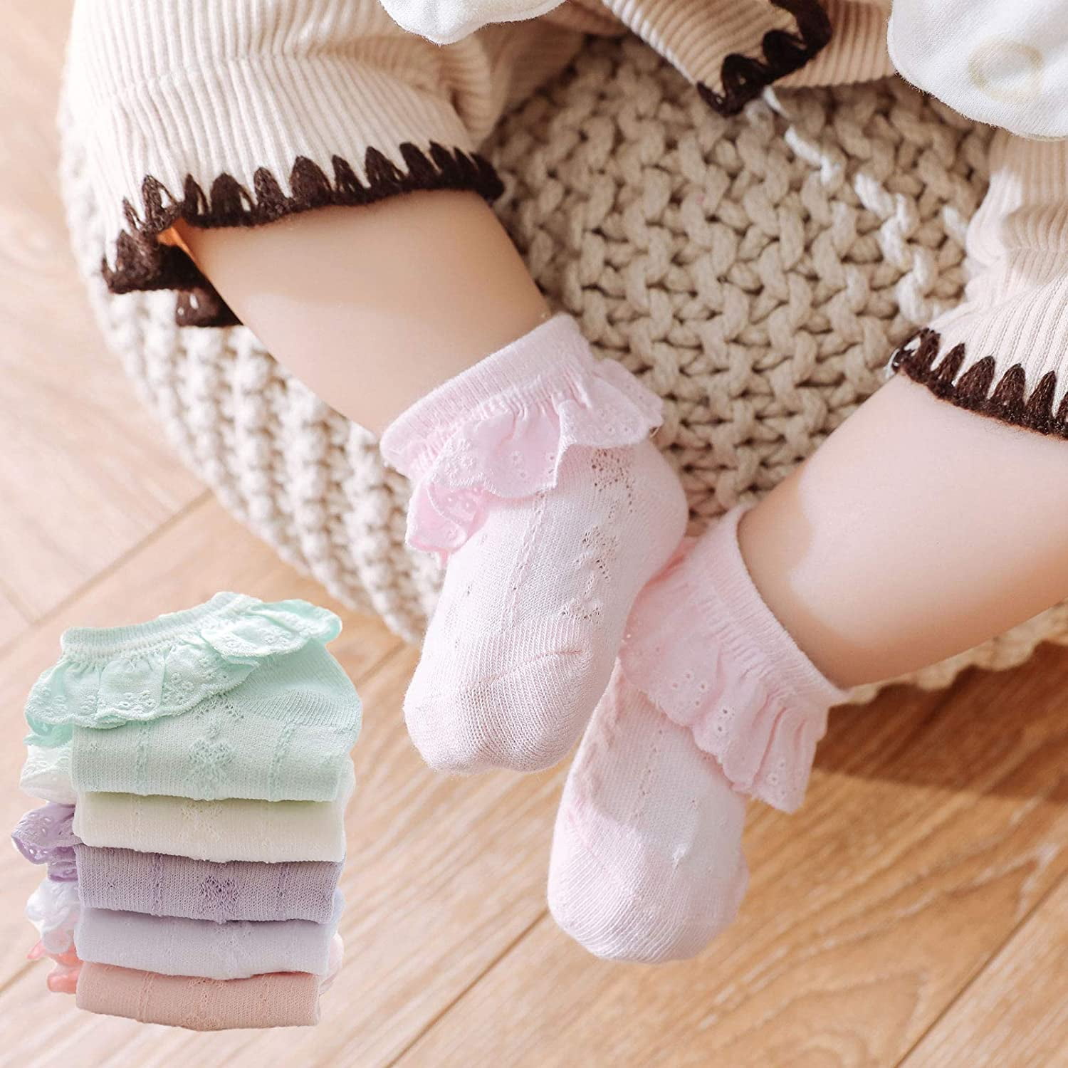 CPDD Chaussettes en Dentelle Bebe Fille Double illet Dentelle Volants Frilly Chaussettes pour Nouveau Ne Nouveau Ne et les Tout Petits Cadeau Ensemble Blanc creme rose vert Clair violet 5 Pk 0 3 Mois ...