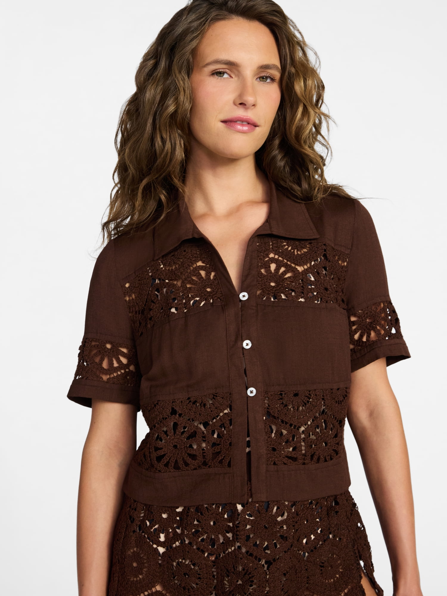 Time and Tru Women's and Women's Plus Size Palm Crochet Coverup Top, Sizes XS-3X
