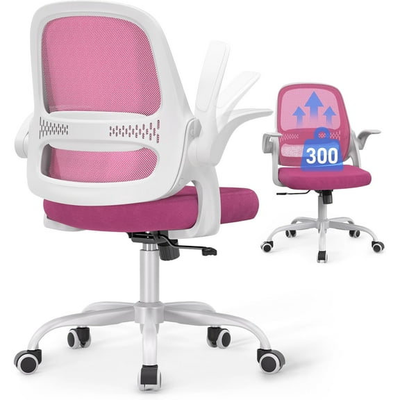 ZHIBO Ergonomic Mesh Office Chair with Flip-Up Arms, Breathable Back, 300lb Capacity, White Frame/Pink Seat