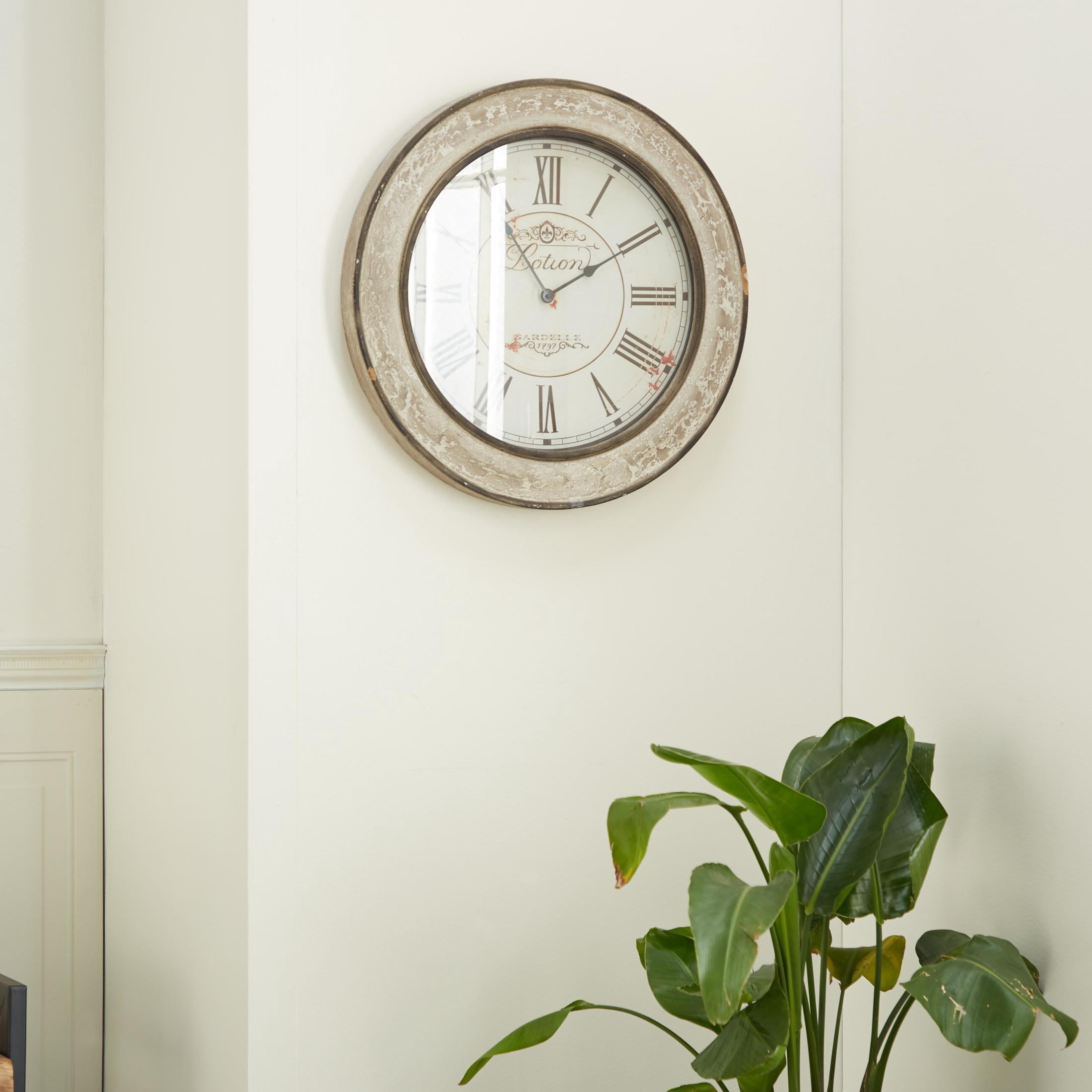 DecMode 24" Cream Wooden Fleur De Lis Distressed Wall Clock