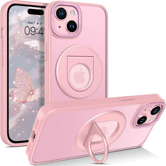 iPhone 15 Case, [Compatible with MagSafe]Slim Fit 360° Ring Holder Kickstand[Car Mount Supported] Magnetic Translucent Matte Thin Shockproof Protective Cover for iPhone 15 6.1" 2023
