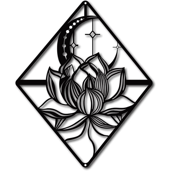 Lotus Wall Art Metal Moon Flower Ornaments Wall Decor Signs Hanging Sculpture for Home Bedroom Kitchen Garden Housewarming Gift Christmas Holiday Decoration Black 10.6 x 10inch Black