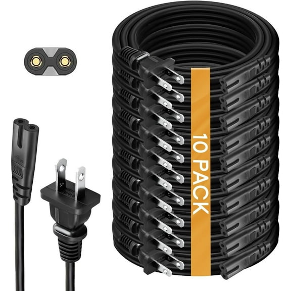 10 Pack TV Power Cord 10ft for TV Replacement TV Power Cable 2 Prong Black