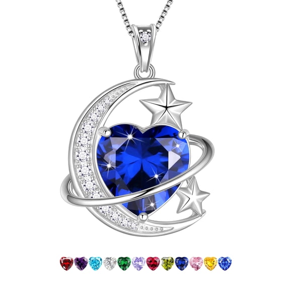 Juwaliy 13MM Women Moon Stars Necklace Heart September Birthstone 925 Sterling Silver Pendant Blue Sapphire Jewelry Christmas Valentines Birthday Mother's Day Gift for Her/Wife/Mom