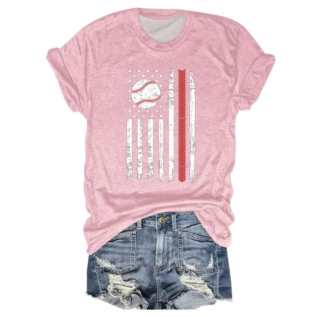 Hauts d'Été pour Femmes, 2024 Blouses Décontractées Chic pour l'Entraînement T-Shirts T-Shirts de Baseball pour Femmes à Imprimé Col Rond Multicolore Multi Tailles Été Manches Courtes Rose