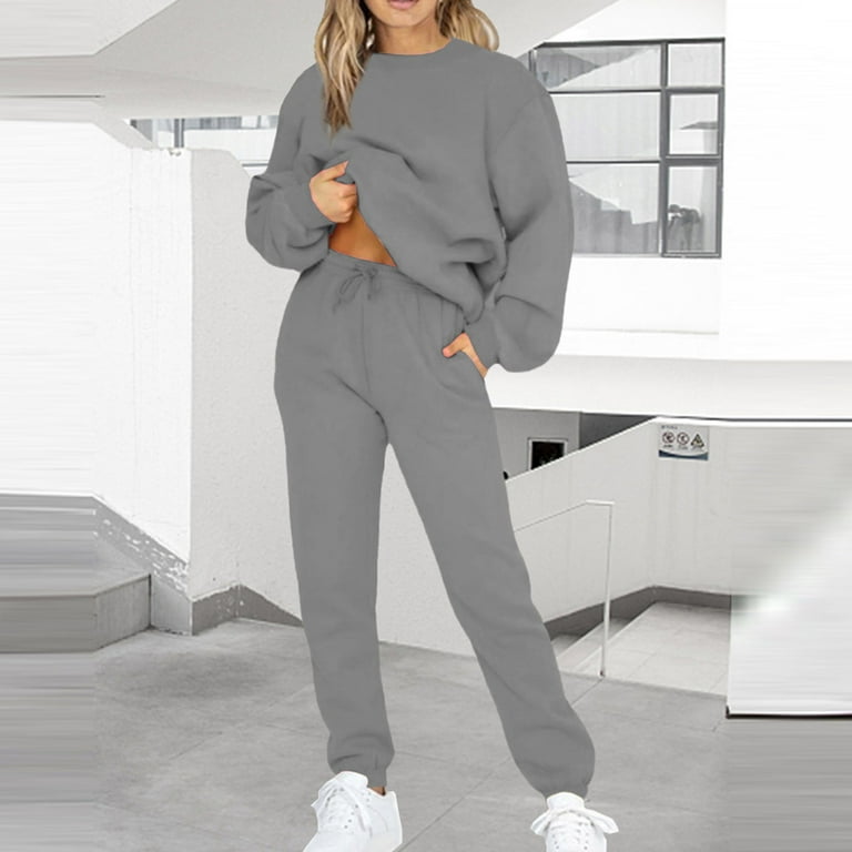 QUYUON Women Two Piece Tracksuit Set Winter Warm Crew Neck Long Sleeve  Pullover Sweatshirts with Sweatpants Sweatsuit Jogger Sets 2 Piece Outfits  Lounge Sets Y-18 Gray 5XL 