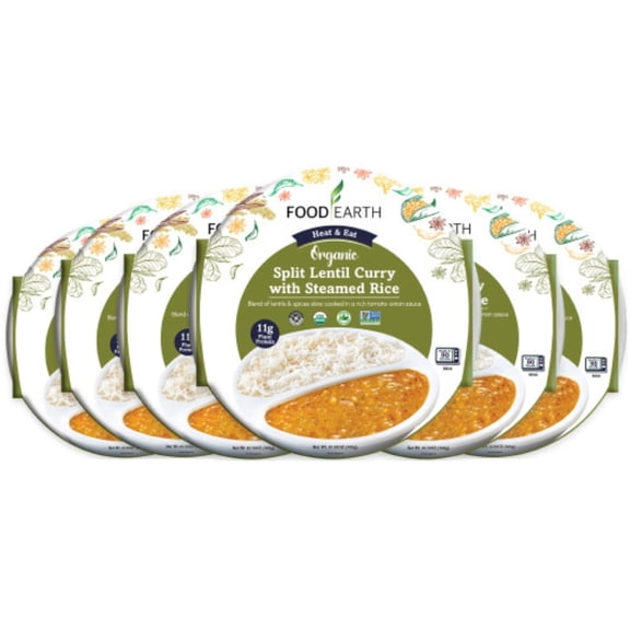 Food Earth - Organic Split Lentil Curry with Steamed Rice Ready to Eat Indian Meal , 100% Organic, Vegan, Gluten-Free, Heat & Serve,10.58 oz, 6 units Shelf Stable