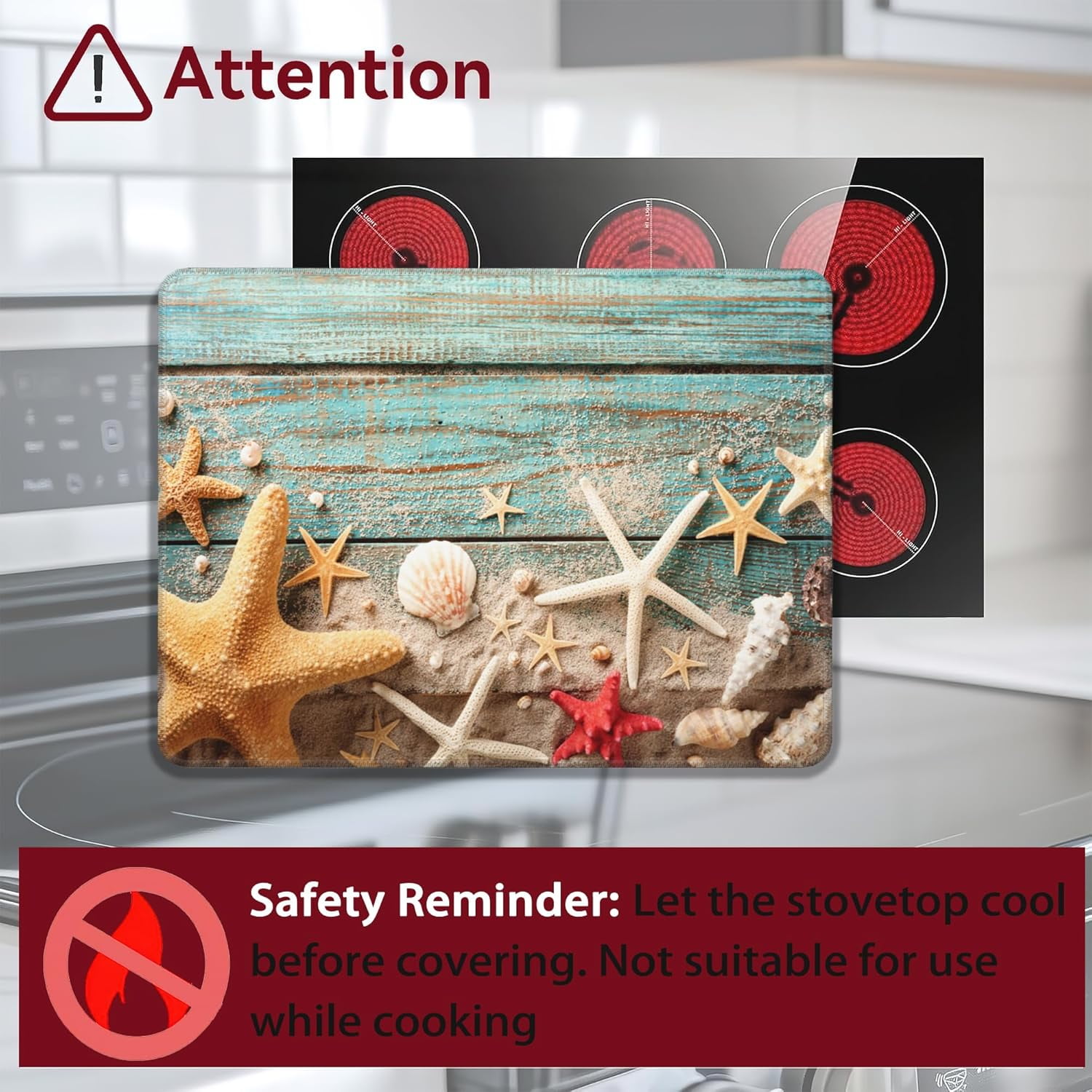 Beach Seashell Starfish Electric Stove Top Cover Protector,Blue Wooden Glass Flat Top Stove Mat,Heat-Resistant Oven Induction Cooktop Mat for Ceramic Countertop Mats Dish Drying Mat