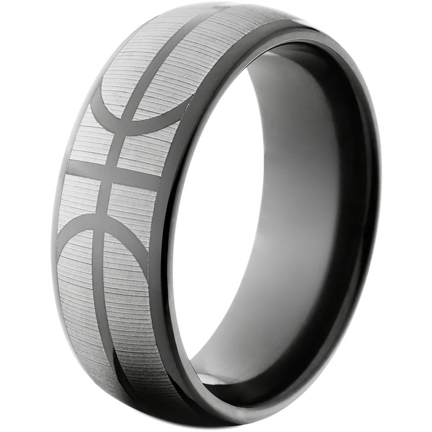 8mm Half-Round Black Zirconium Ring with a Basketball Laser