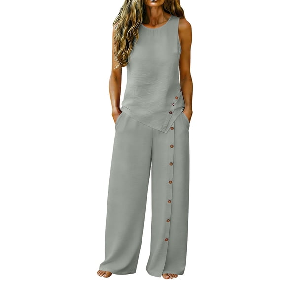 Zynoxe Womens Two Piece Linen Sets Elegant Button Tank Top Wide Leg Pants Plus Size Outfits Summer Business Casual Outfits with PocketsGrayS