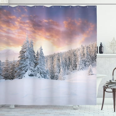 Ambesonne Winter Shower Curtain, Sunrise Rural Fields, 69"Wx70"L, Coral White Blue