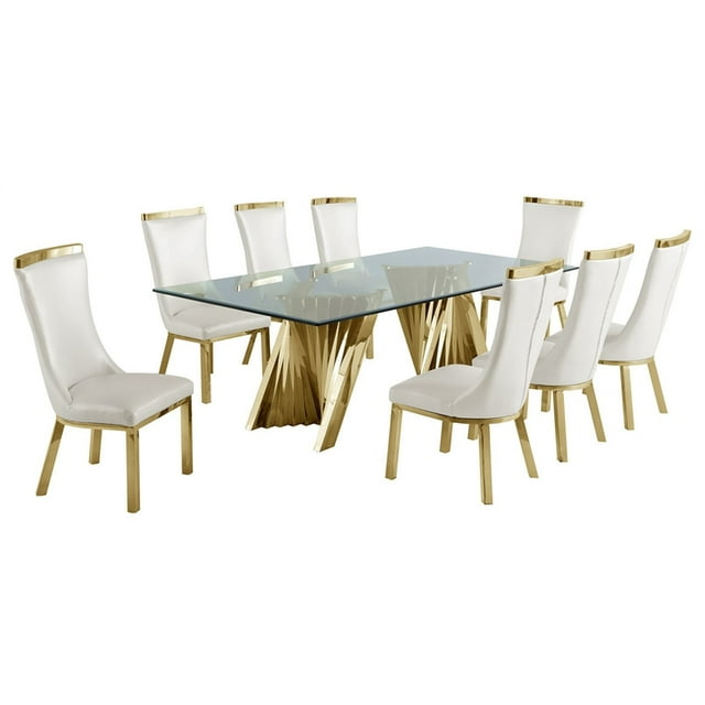 Clear Glass 9pc Dining Set with Gold Stainless Steel and 8 Chairs