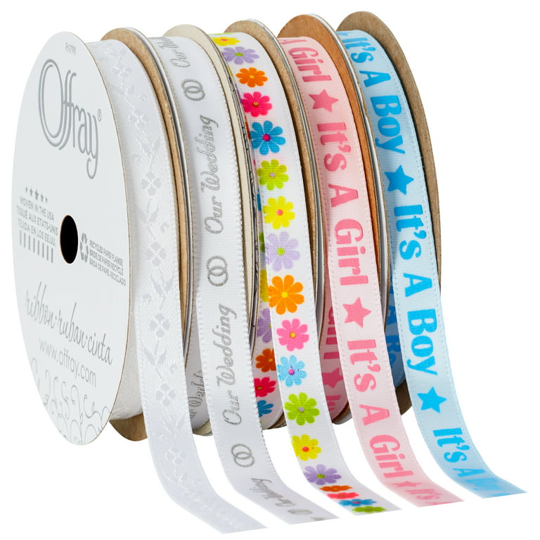 Offray Ribbon, White and Silver 3/8 inch Our Wedding Expression Ribbon, 9  feet