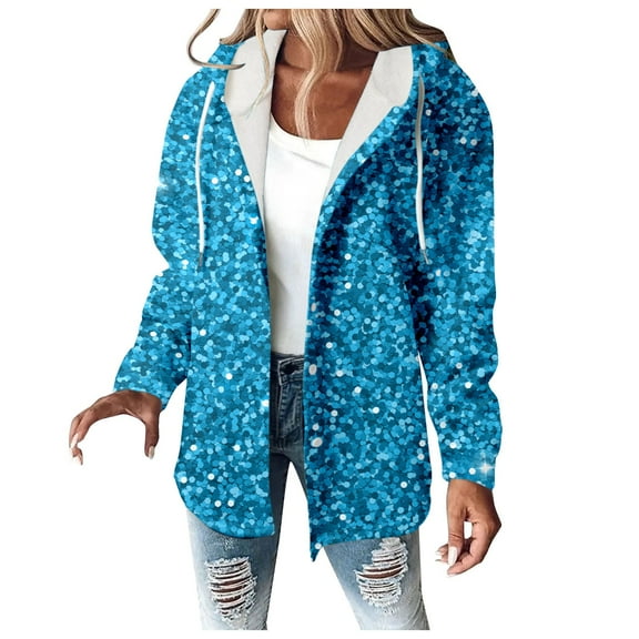 Fall Jackets for Women Trendy Hooded Full Zipper Solid Loose Sequin Drawstring Plus Size Fall Coats for Women,Blue,L
