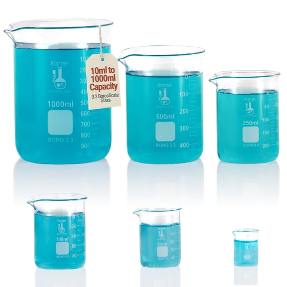 Karter Scientific 213A2 Borosilicate Glass Low Form Glass Beaker, 10/50/100/250/500/1000 mL (Pack 6)