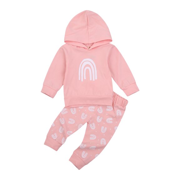 Kids Baby Fashion 2-piece Outfit Set Long Sleeve Rainbow Print Hoodie Pants Set for Children