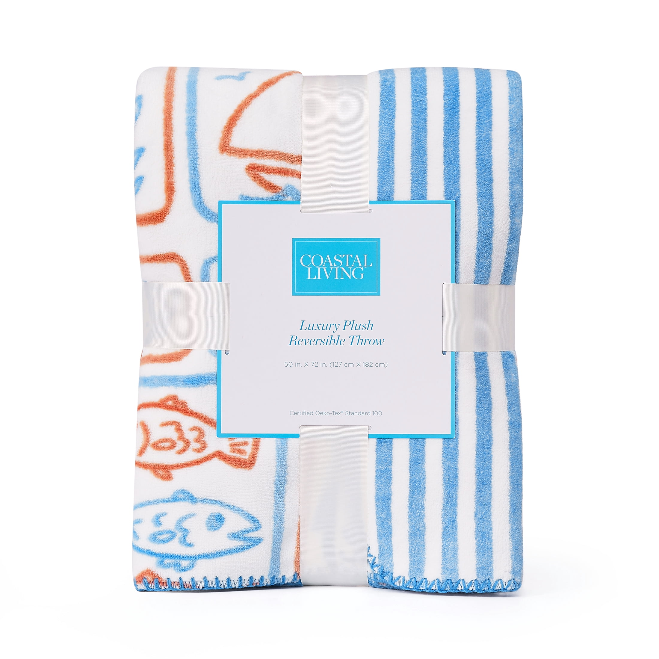 Coastal Living Throw Blanket, Reversible Plush Fleece Blanket for Couch, Blue & Orange Print, 50" x 72"