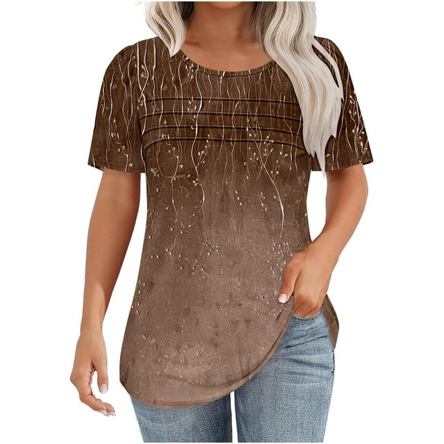 Tops de Manga Corta de las Mujeres Cuello Redondo Suéter Pecho Plisado Blusa de Impresión Casual 95% Poliéster 5% Spandex, Nuevo Top de Moda para Diario