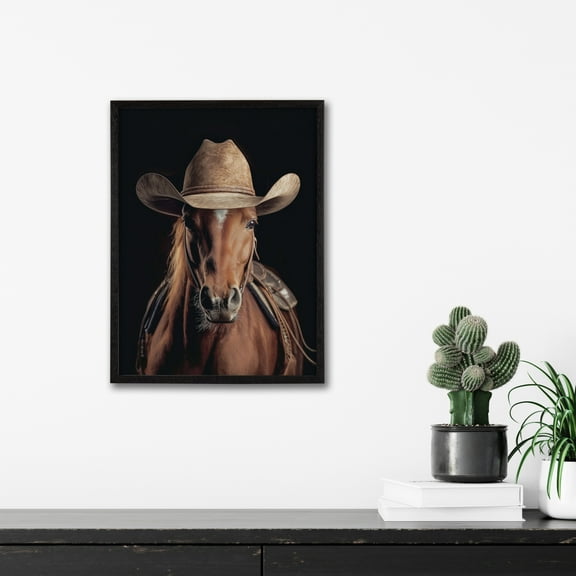 Kate and Laurel Horse Wearing a Western Cowboy Hat Framed Wall Art by The Creative Bunch Studio, 12x16 Black, Modern Cowboy Horse Art for Wall