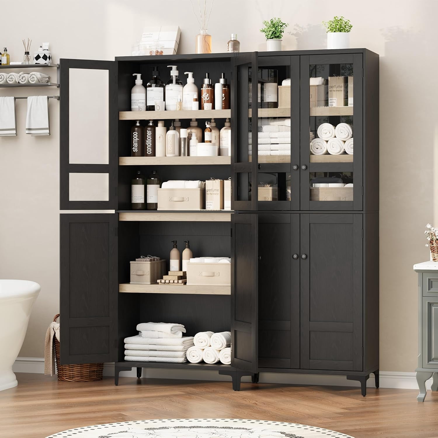 Hetoy 71-Inch Tall Storage Cabinet, Kitchen Food Cabinet, 5-Shelf Bathroom Cabinet, Glass Door with 4-Door Adjustable Shelves for Kitchen, Dining Room, Bathroom, Black