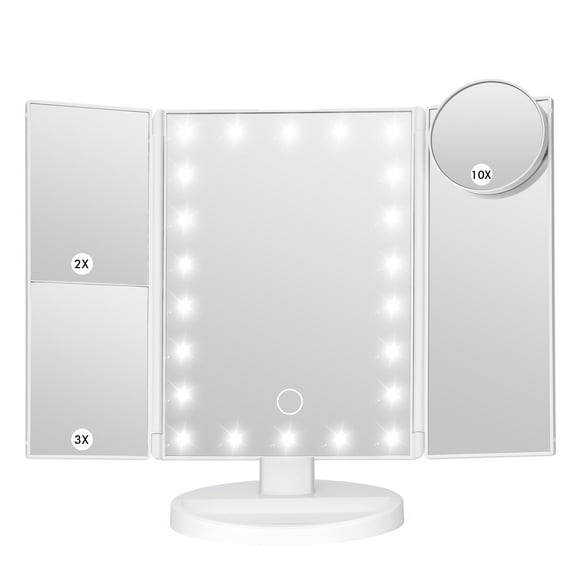 Makeup Mirror Vanity Mirror with Lights，2X 3X 10X Magnification, Touch ControlTri-Fold Vanity Mirror，Rechargeable Desktop Travel Cosmetic Mirror (White)