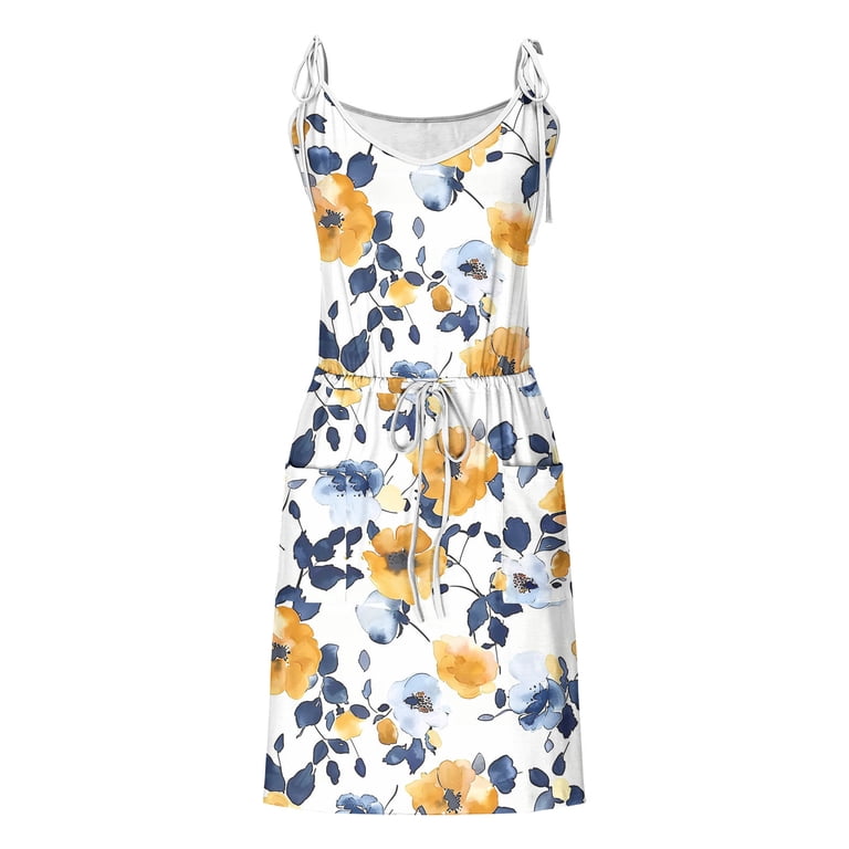 Hvot&aat Womens Casual Printed V-neck Suspender Dress Comfy Casual Drawstring Belt Dress Elegant Summer Beach Dress, Women's, Size: XL