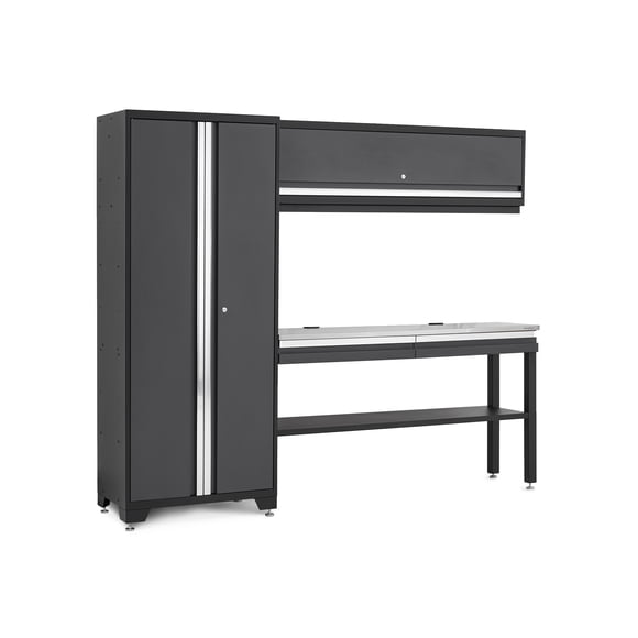 NewAge Products Bold Series Gray 4 Piece Set with 30 in Locker, 60 in Wall Cabinet, 60 in RTA Workbench and Stainless Steel Worktop, Heavy Duty Steel Grage Storage Cabinets