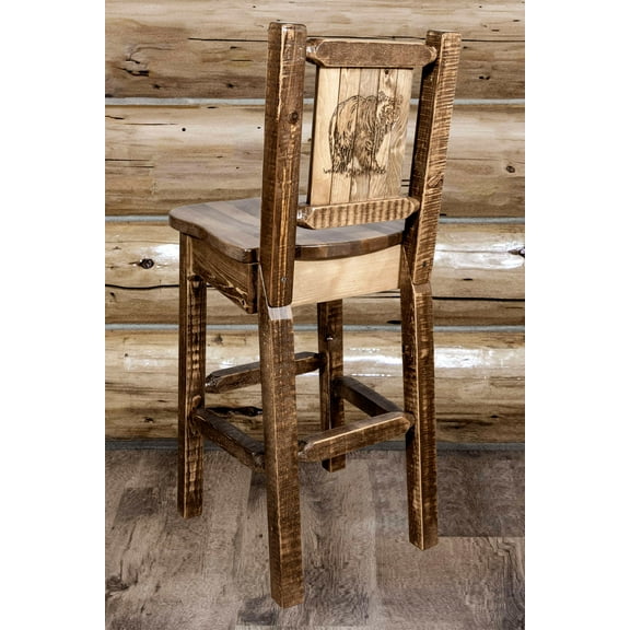 Homestead Collection Barstool w/ Back, w/ Laser Engraved Bear Design, Stain & Lacquer Finish