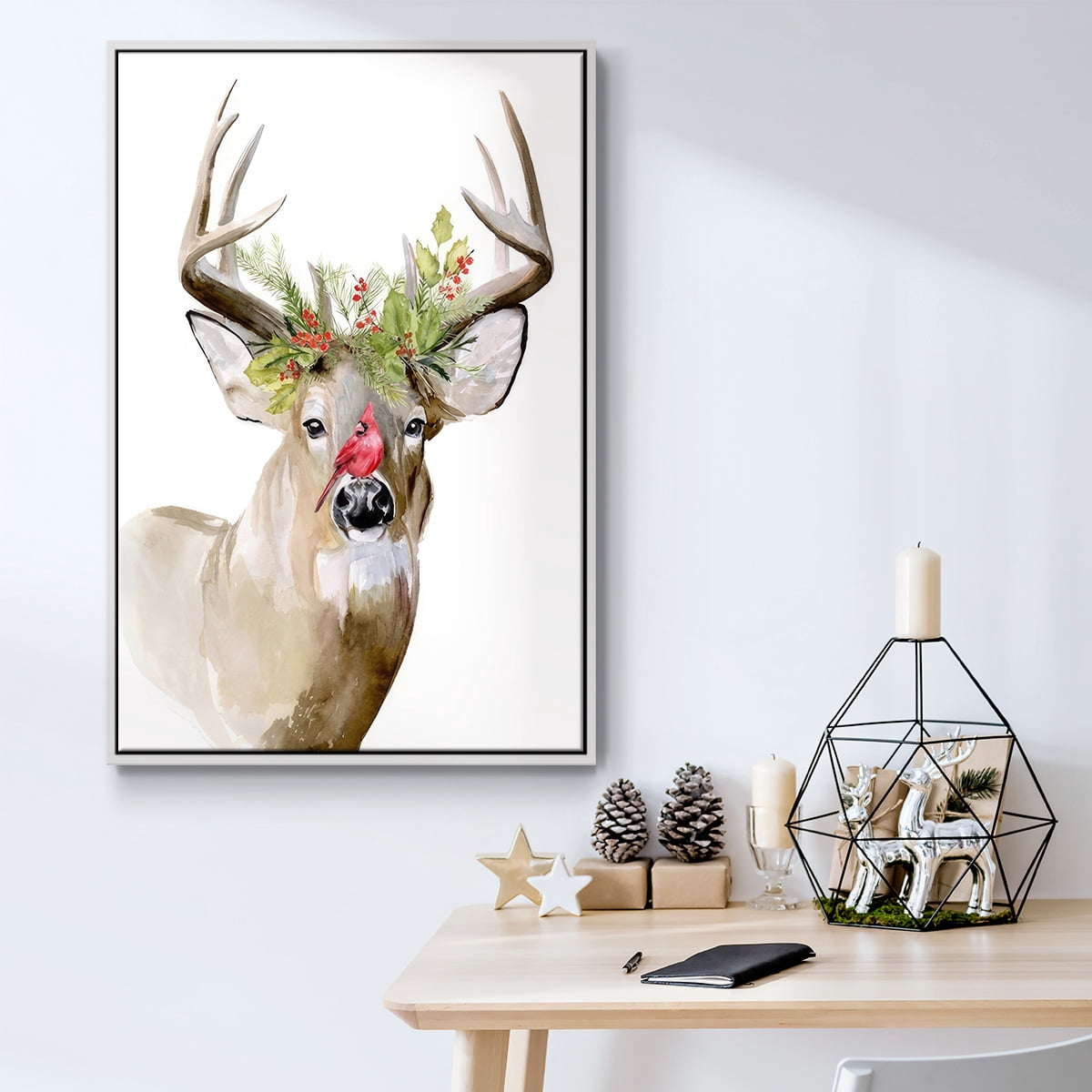Holiday Deer II - Framed Gallery Wrapped Holiday Canvas - 27 x 41 - White Frame