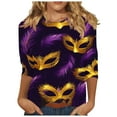 thumbnail image 5 of Yteetum Mardi Gras 3/4 Sleeve T Shirts for Women Top Oversized Crewneck Carnival Mask Print 3/4 Length Sleeve Shirt Womens Casual Round Neck Mask Tuesday Carnival Party Three Quarter Sleeve Tee Shirt, 5 of 5