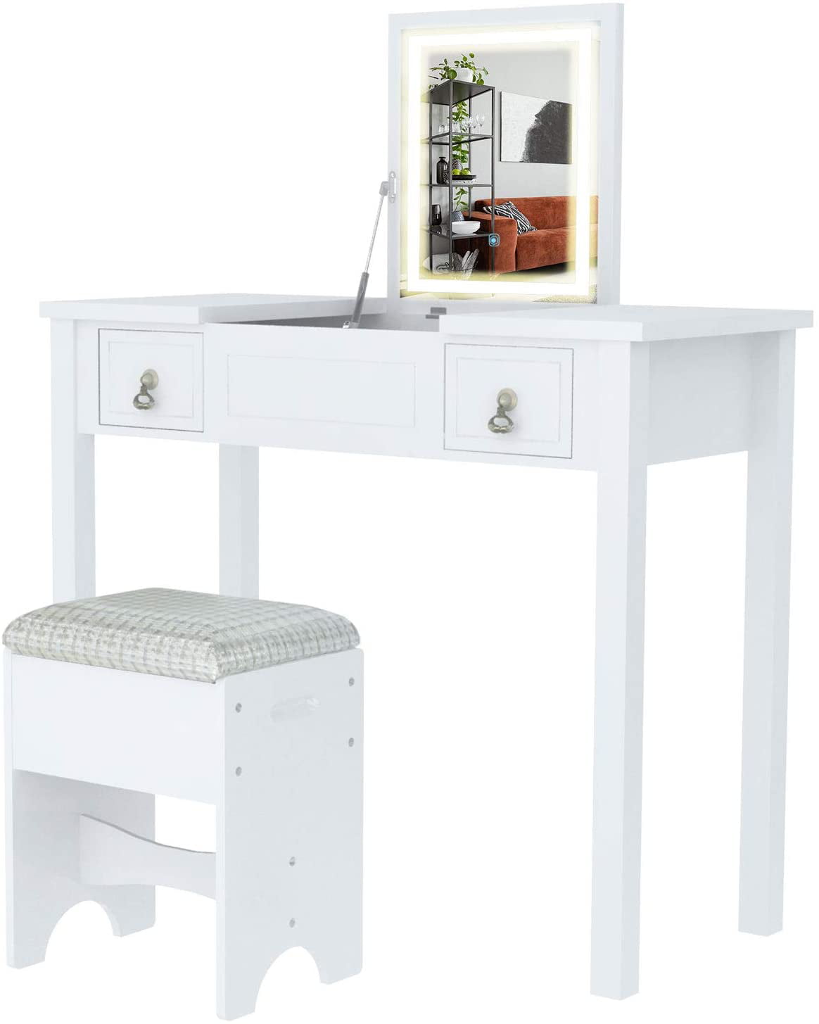 Led Flip Top Mirror Vanity Table Set, Writing Desk Into Vanity