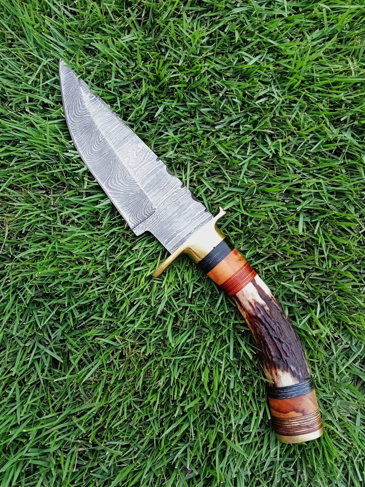Custom Handmade Damascus Steel Skinning knife Stag Antler Handle With Belt Leather Sheath