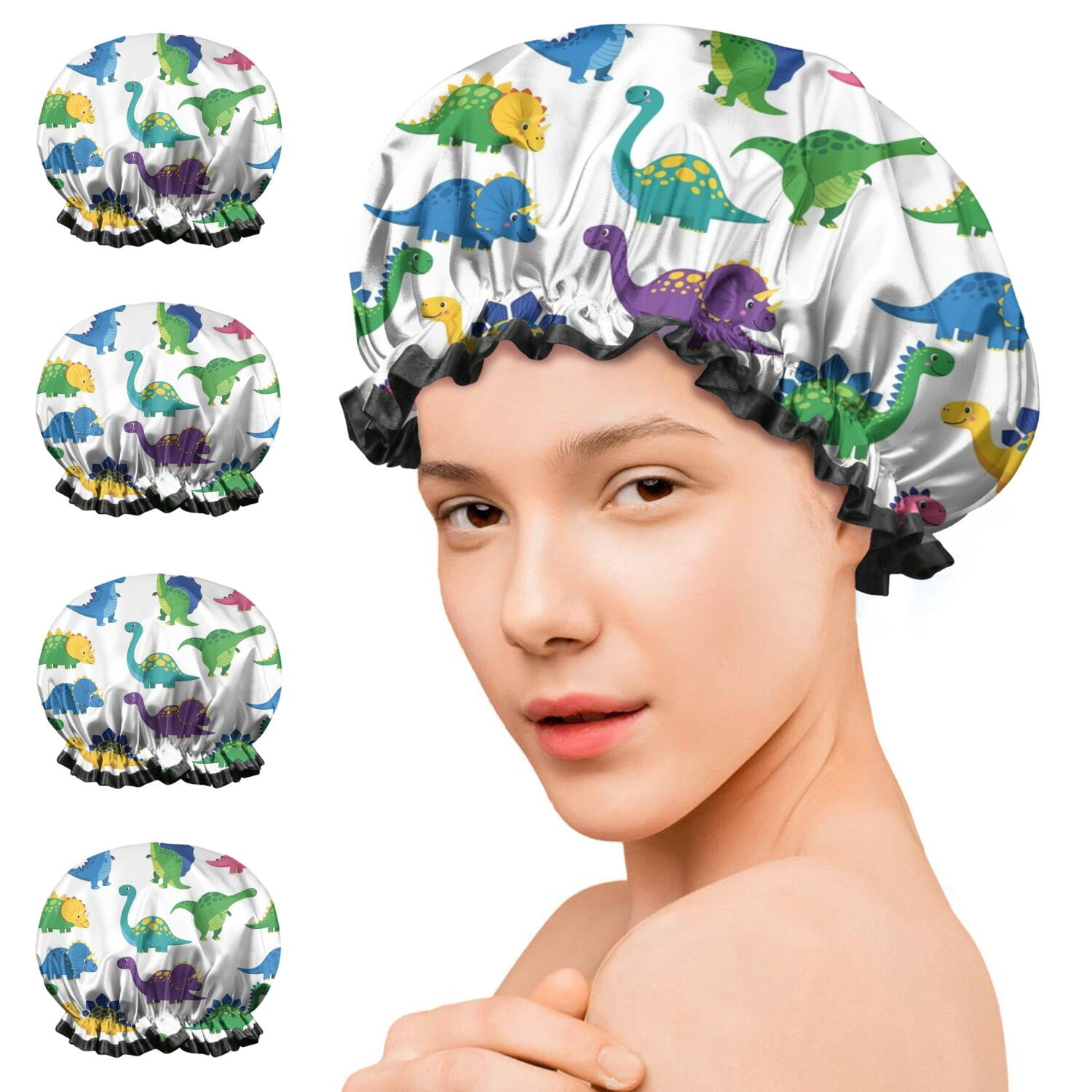Shower Caps,White Cartoon Dinosaurs Pattern Waterproof Shower Cap for Women 4 Pieces,Double Reusable Hair Cover for Shower PEVA Elastic Stretch Hem