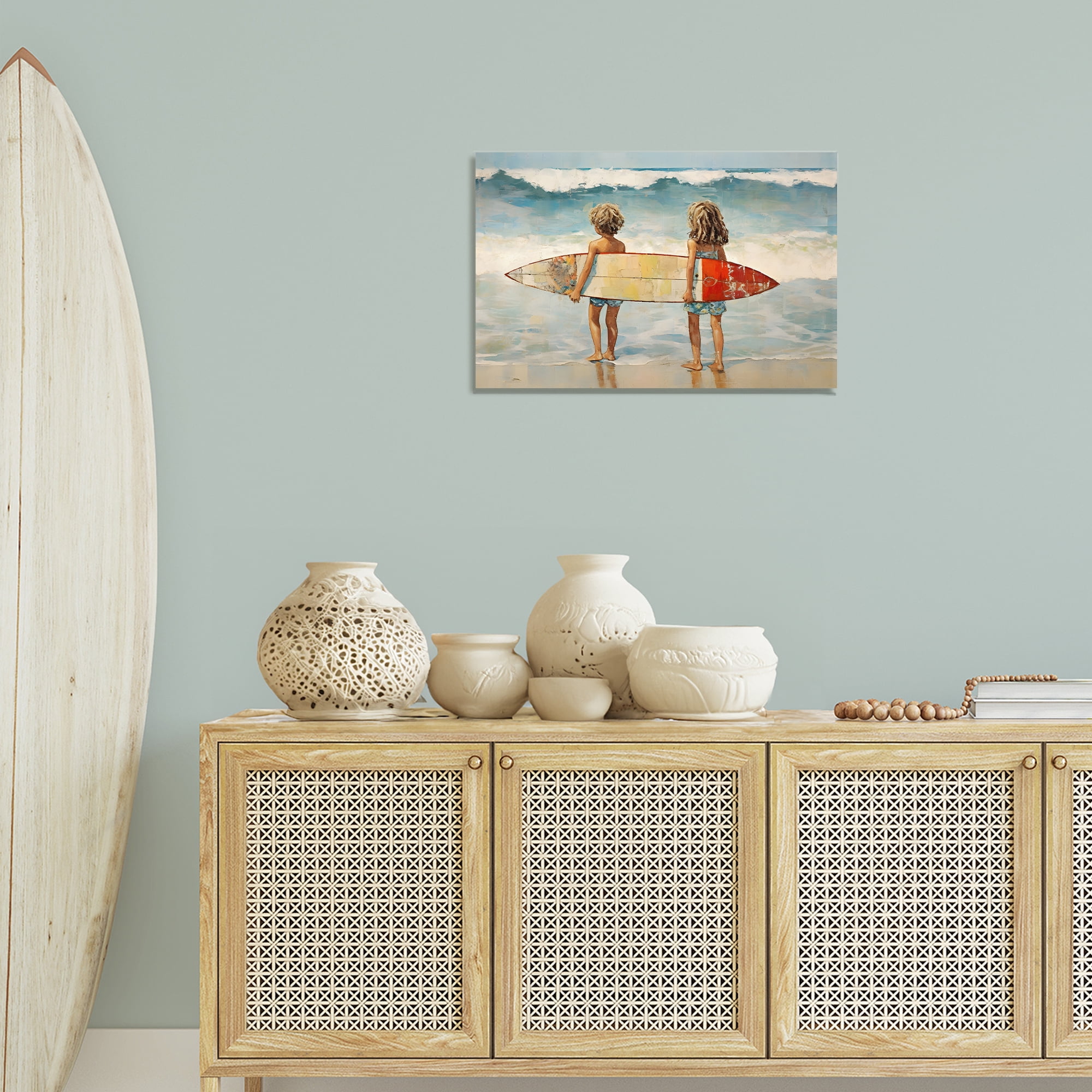 Stupell Industries Kids with Surf Waves People Painting Wrapped Canvas Art Print Wall Art, 24 x 16