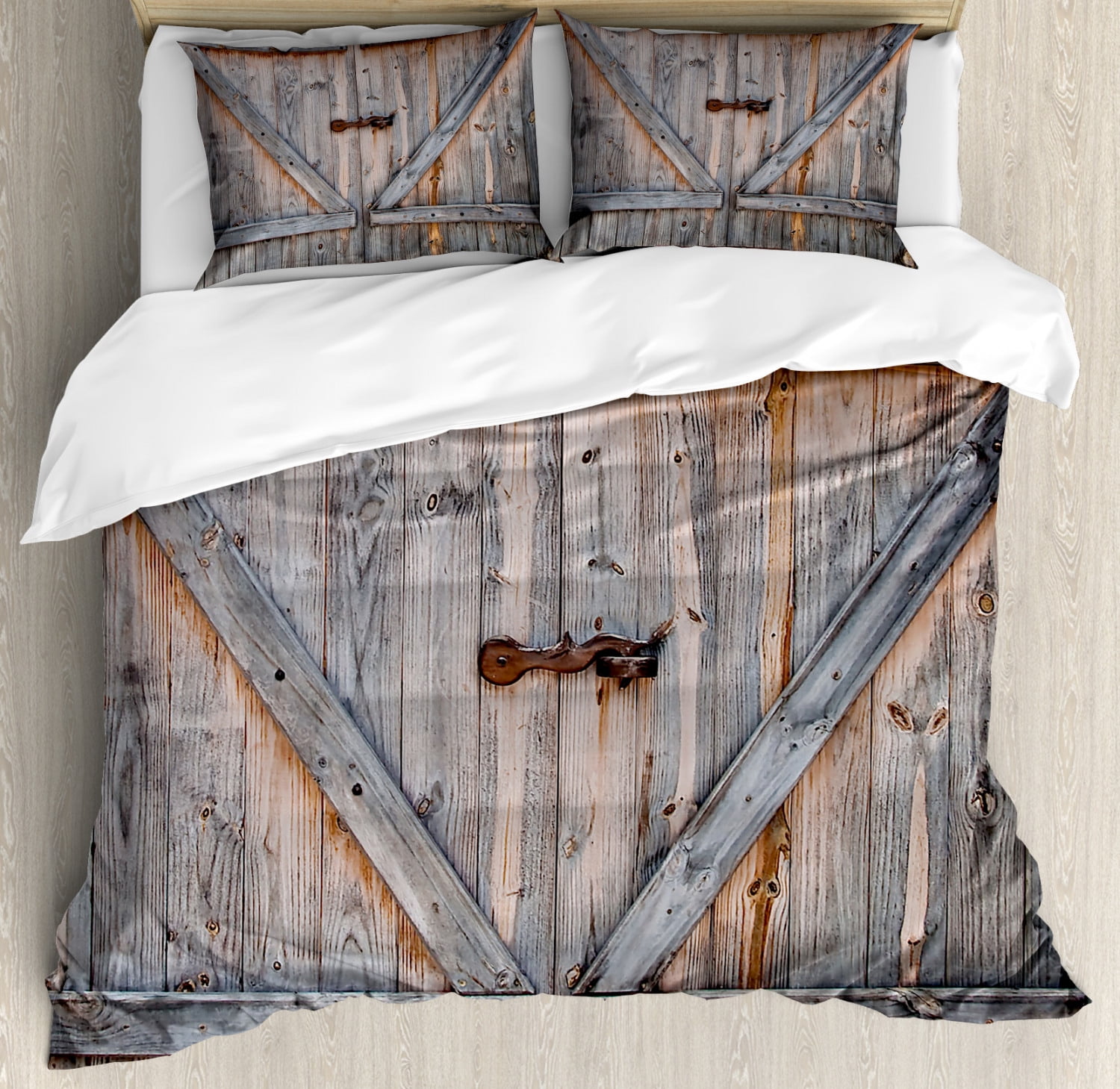 Rustic Duvet Cover Set, Old Wooden Garage Door American Native Country