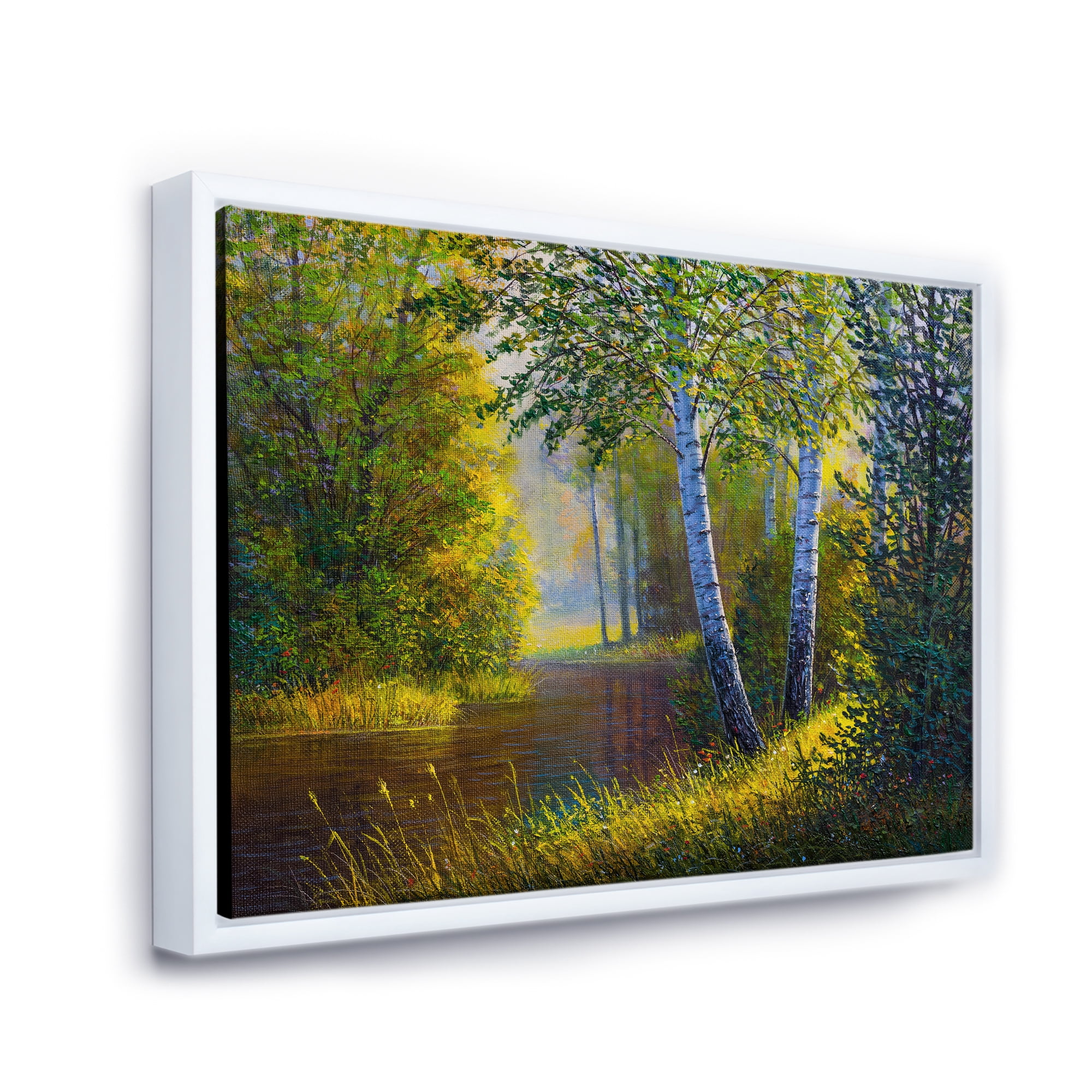 Designart 'Sunrise Glow Through The Birches II' Lake House Framed Canvas Wall Art Print