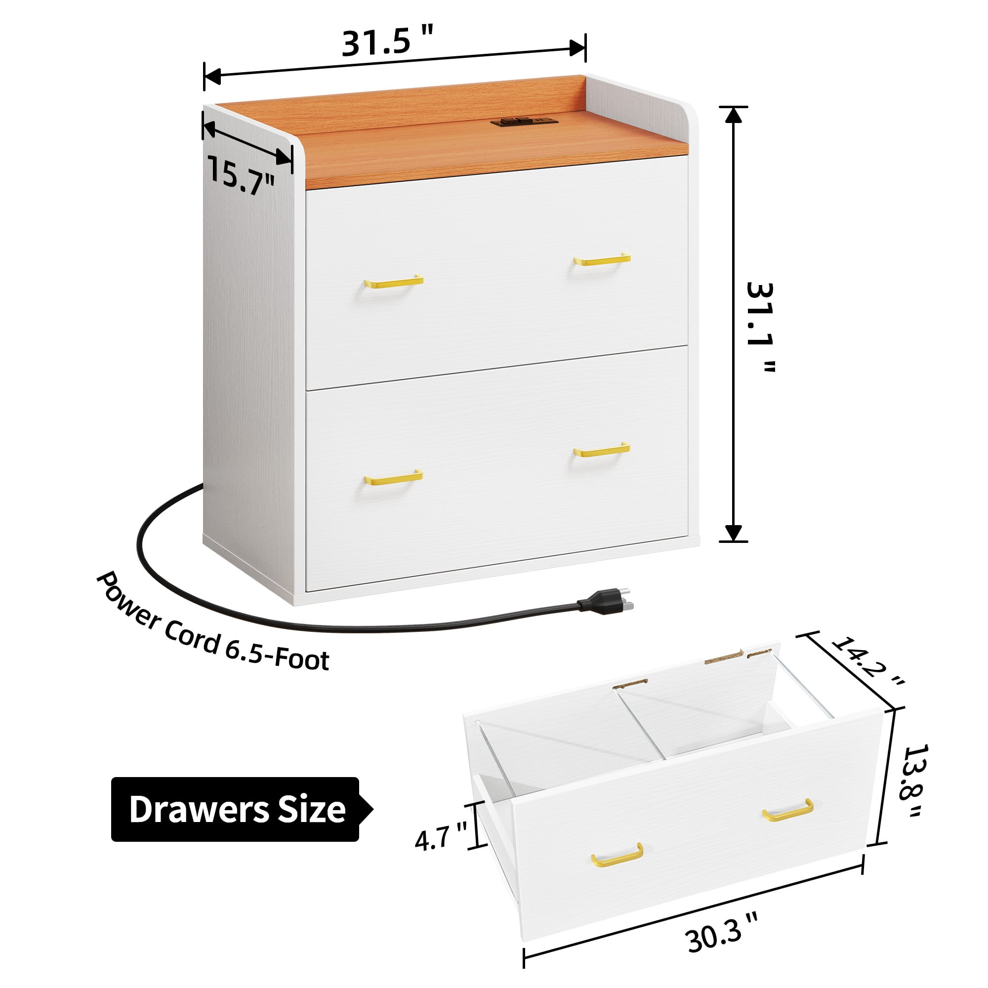Dextrus 2 Drawer File Cabinet with Charging Station, Wood Lateral Filing Cabinet Printer Stand Fits A4 Letter Legal Size Files, White & OAK