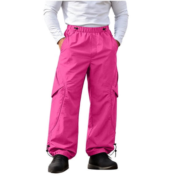 Njagoc3 Men's Wide Leg Cargo Joggers, Parachute Pants with Drawstring Cuffs, Elastic Waist Multi Pocket Relaxed Fit Streetwear Track Trousers,Hot Pink,XS