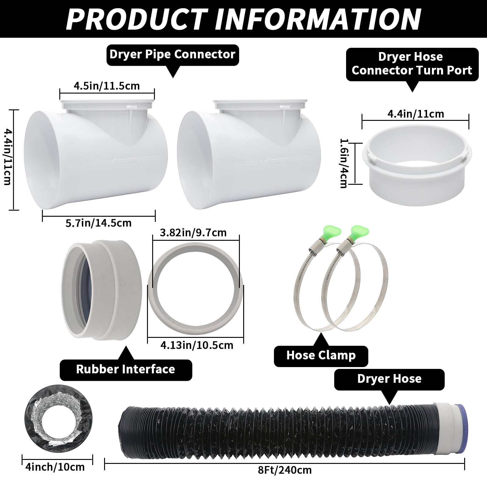 4in 8ft Dryer Vent Hose Kit with Rubber Seals & 90° Elbow for Tight Spaces