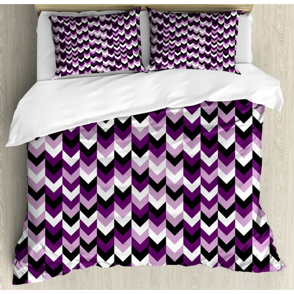 Ambesonne Chevron Duvet Cover Set, Zig Zag Retro Arrows, Calking, Purple White Black