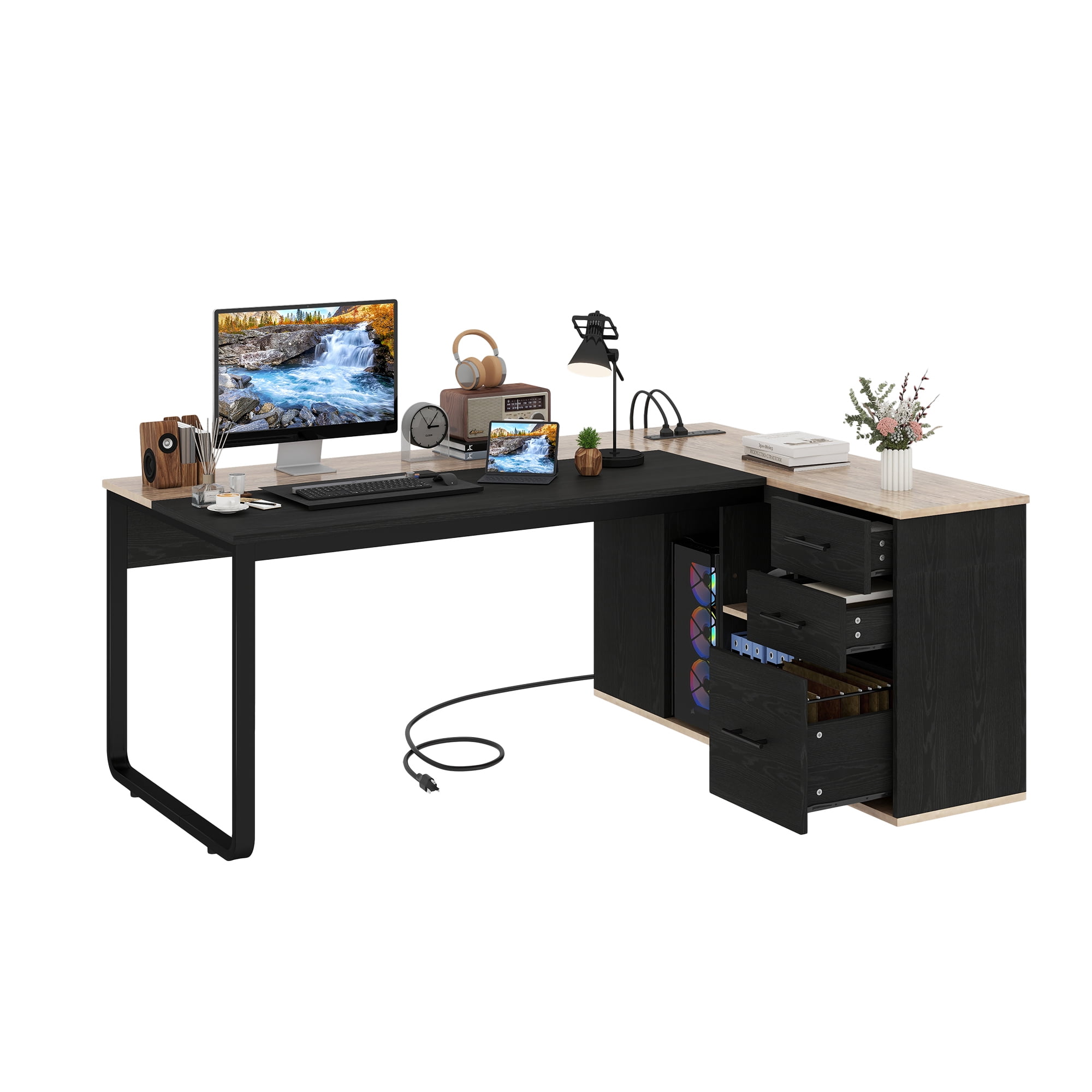 Craftian 71" L-Shaped Desk File Cabinet, Computer Desk with Power Outlets, Executive Desk for Home Office