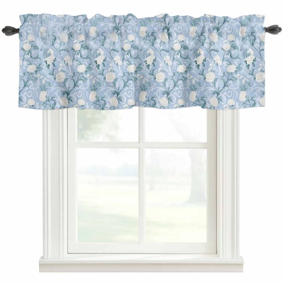Blue Floral Window Valance Curtain Retro Camellias Flowers Rod Pocket Valance for Windows Short Curtain for Living Room, Bedroom & Kitchen Window Decor 54x18in