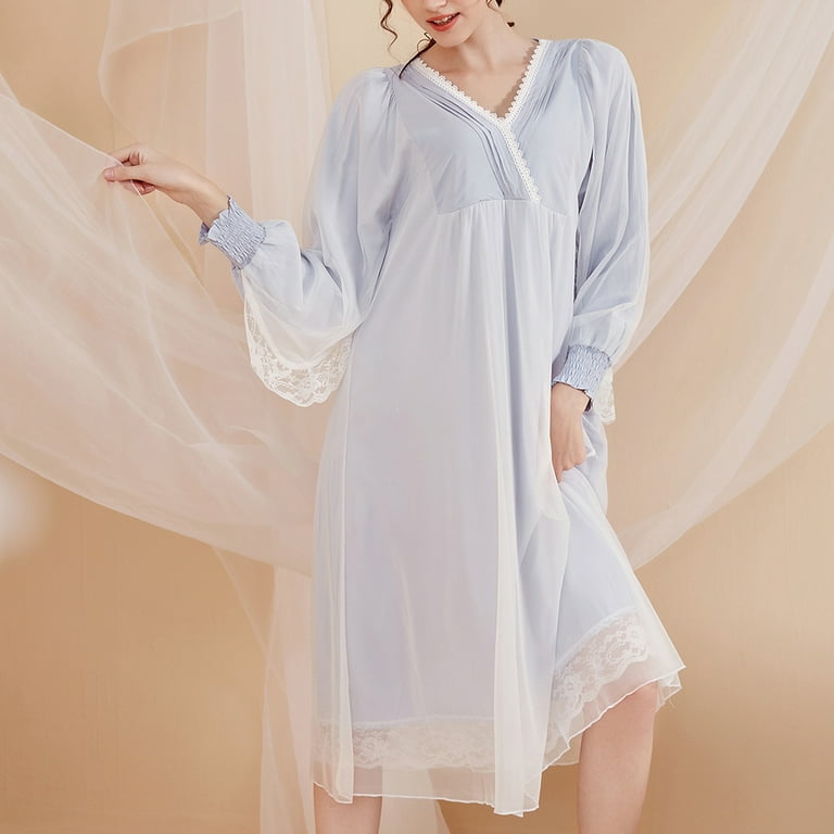 Homgro Women's Cotton Nightgown Cozy Soft Overlay Flowy Billowy Sleep Shirt  Old Fashioned Long Sleeve Scalloped V Neck High Waist Long Pj Lounge