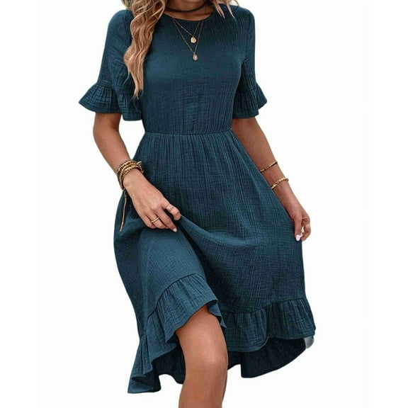 Women'S Short Sleeve Dresses High Waist Round Neck Solid Flounce Sleeve Ruffle Dress Blue and Green L