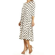 MOA Collection Women's Loose Fit Scoop Neck 3/4 Sleeve Polka Dot Patterned A-Line Midi Dress