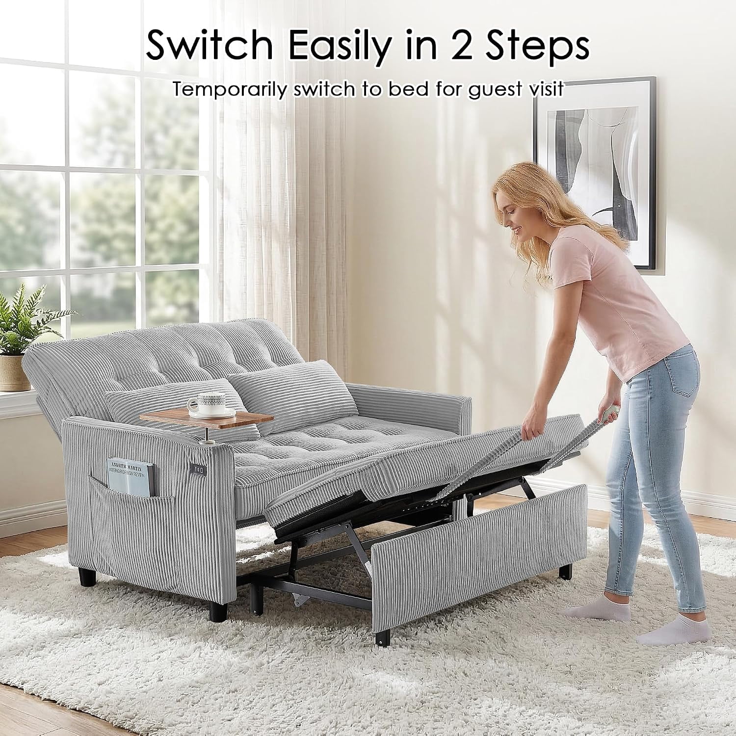 55" Sleeper Sofa Bed, Convertible Pull Out Couch with Side Stand, USB Ports, Side Pockets, Corduroy Fabric, Adjustable Backrest, Light Grey