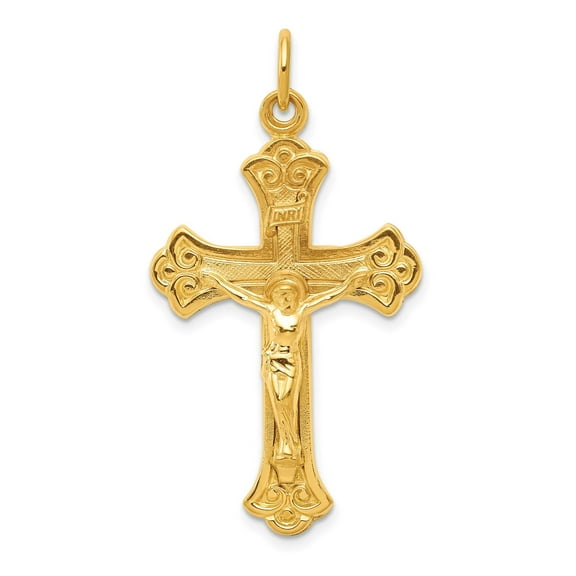 Gold Plated Sterling Silver Crucifix Cross Pendant Necklace for Men and Women INRI Inscription Cathedral Style Religious Christian Faith Jewelry