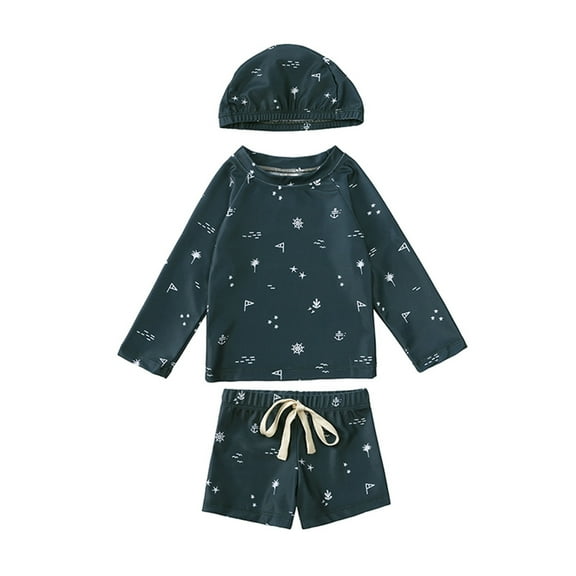 RUTAYY Boys Swimwear Three Piece Rash Guard Floral Bathing Suit Trunk With Swimming Cap Water Sport Swimsuit, Dark Blue, 2-3 Years