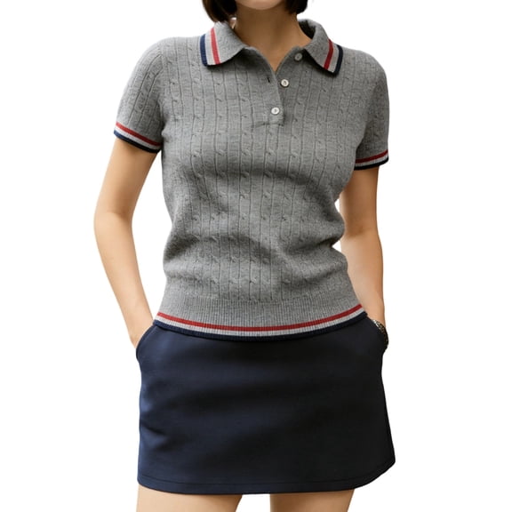 Women'S Short Sleeve Sweater Tops Lapel V Neck Shirts Cable Knit Loose Blouse Casual Outfits Gray S